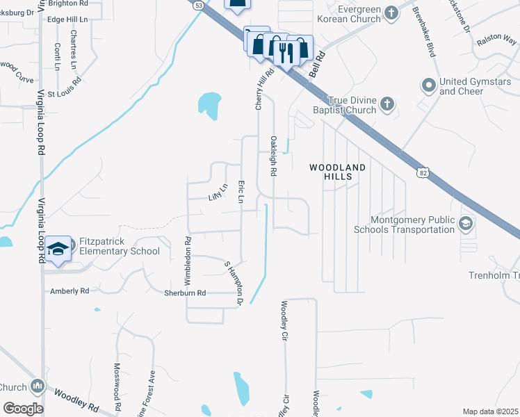 map of restaurants, bars, coffee shops, grocery stores, and more near 6056 Briarhurst Drive in Montgomery