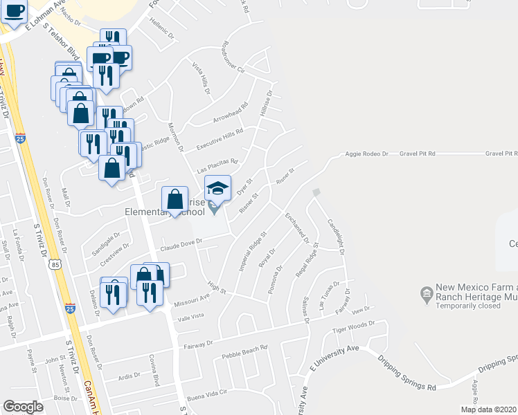 map of restaurants, bars, coffee shops, grocery stores, and more near 3133 Missouri Avenue in Las Cruces
