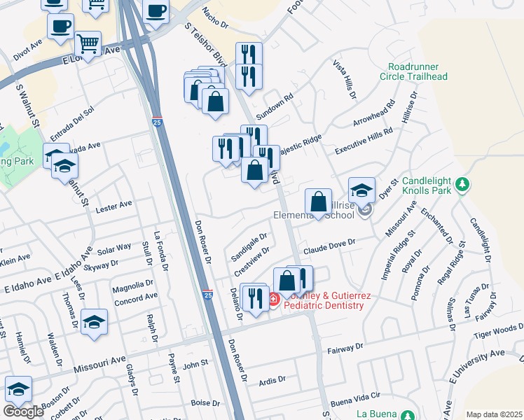 map of restaurants, bars, coffee shops, grocery stores, and more near 2702 East Idaho Avenue in Las Cruces