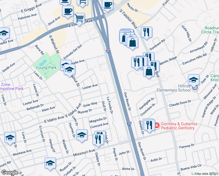 map of restaurants, bars, coffee shops, grocery stores, and more near 1131 La Fonda Drive in Las Cruces
