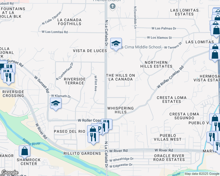map of restaurants, bars, coffee shops, grocery stores, and more near 1316 West Paintbrush Place in Tucson