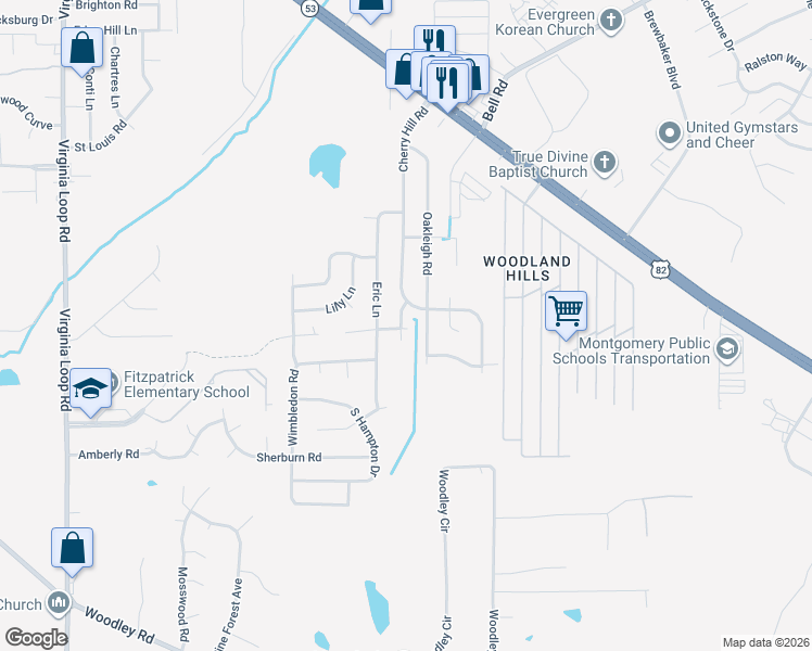map of restaurants, bars, coffee shops, grocery stores, and more near 6056 Briarhurst Drive in Montgomery