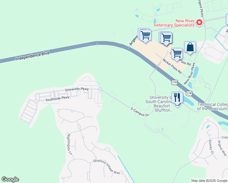 map of restaurants, bars, coffee shops, grocery stores, and more near 114 Semester Road in Bluffton