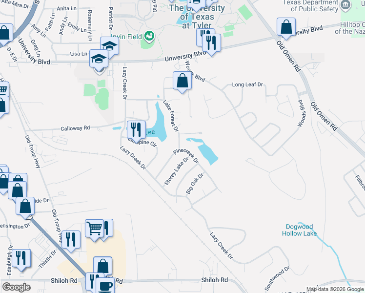 map of restaurants, bars, coffee shops, grocery stores, and more near 4004 Pinecreek Drive in Tyler