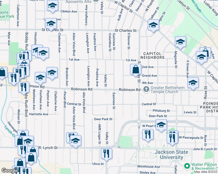 map of restaurants, bars, coffee shops, grocery stores, and more near 1820 Robinson Street in Jackson