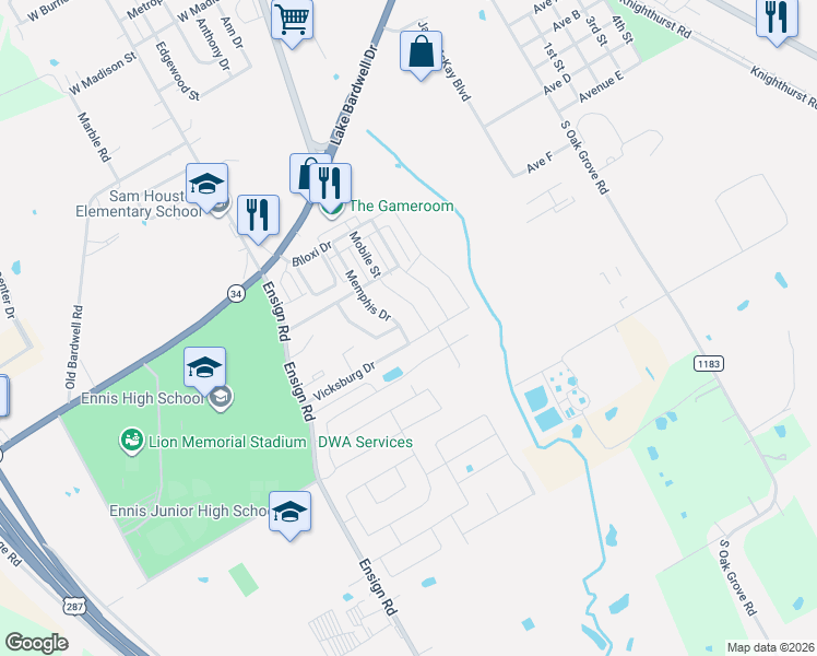 map of restaurants, bars, coffee shops, grocery stores, and more near 2304 Memphis Drive in Ennis