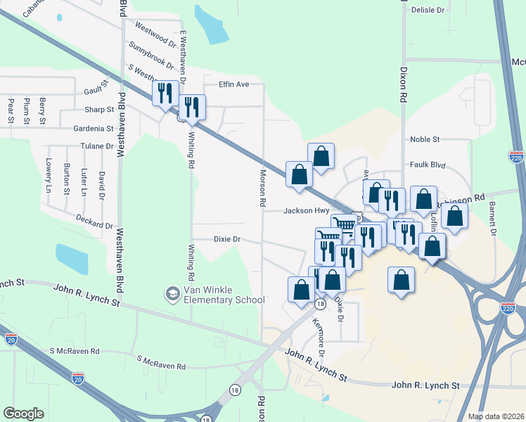 map of restaurants, bars, coffee shops, grocery stores, and more near 1398 Morson Rd in Jackson