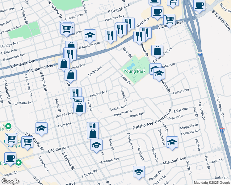 map of restaurants, bars, coffee shops, grocery stores, and more near Maple Street in Las Cruces
