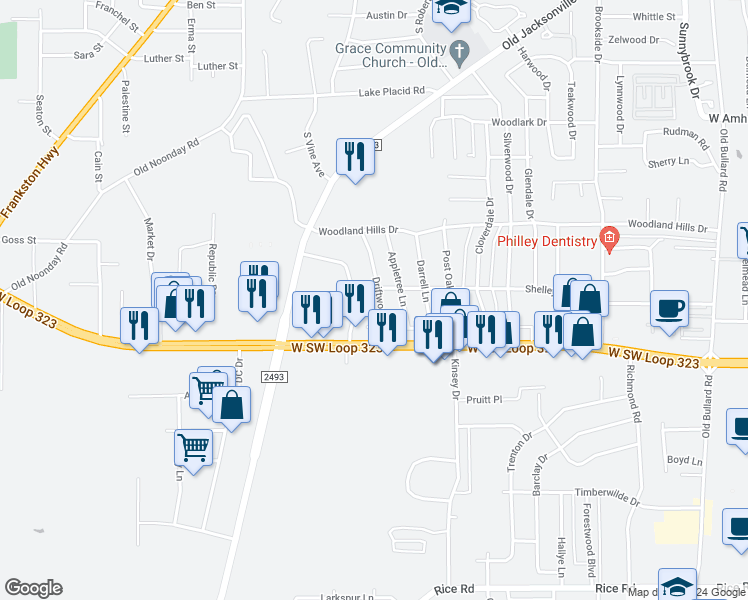 map of restaurants, bars, coffee shops, grocery stores, and more near 3907 Driftwood Lane in Tyler