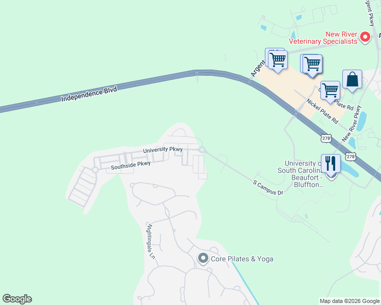 map of restaurants, bars, coffee shops, grocery stores, and more near 102 University Parkway in Bluffton