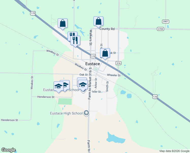 map of restaurants, bars, coffee shops, grocery stores, and more near 106 Railroad Street in Eustace
