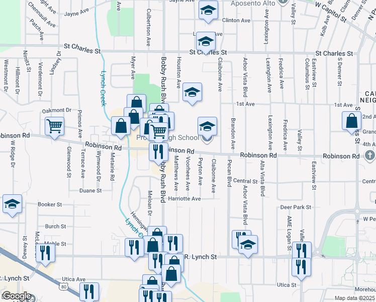 map of restaurants, bars, coffee shops, grocery stores, and more near 2400 Robinson Road in Jackson