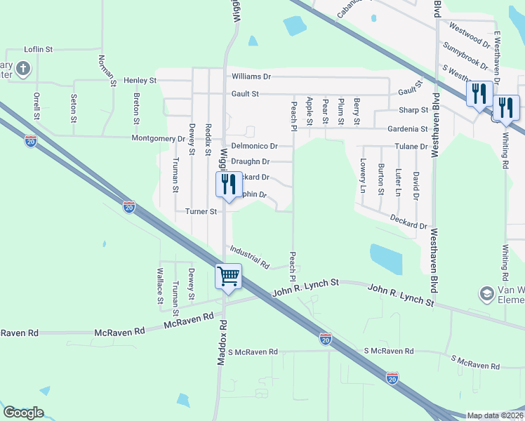 map of restaurants, bars, coffee shops, grocery stores, and more near 5542 Turner Street in Jackson