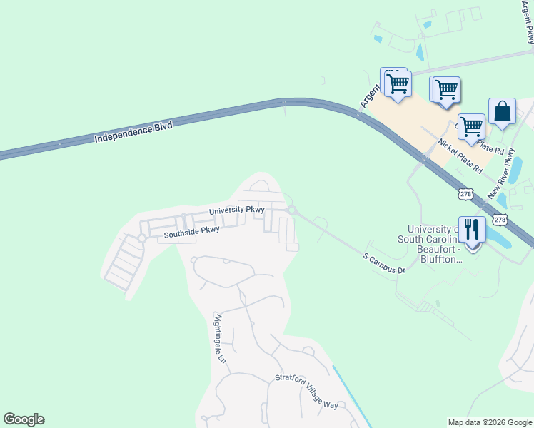 map of restaurants, bars, coffee shops, grocery stores, and more near 407 Lake Park Way in Bluffton