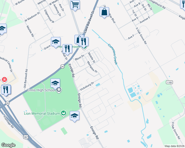 map of restaurants, bars, coffee shops, grocery stores, and more near 2202 Natchez Drive in Ennis