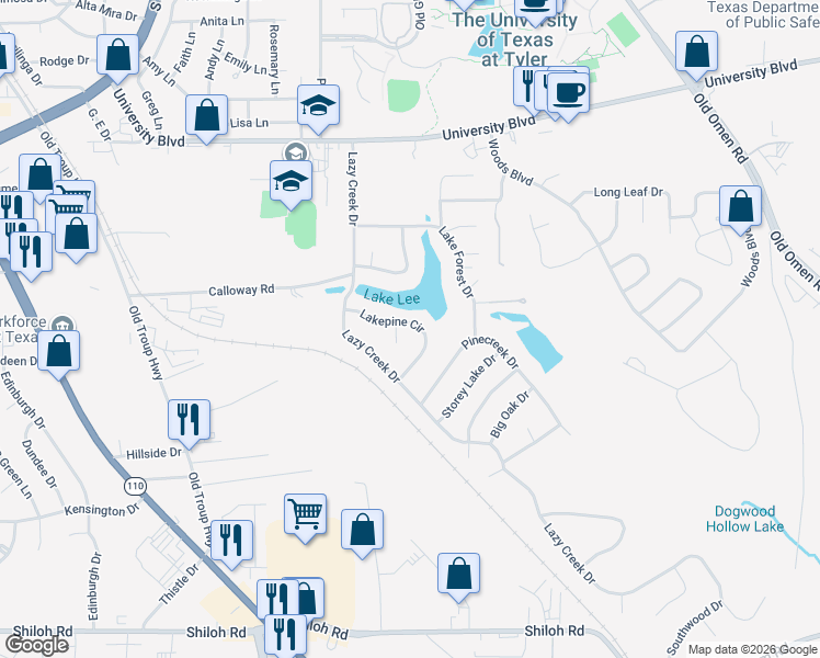 map of restaurants, bars, coffee shops, grocery stores, and more near 3205 Lakepine Circle in Tyler