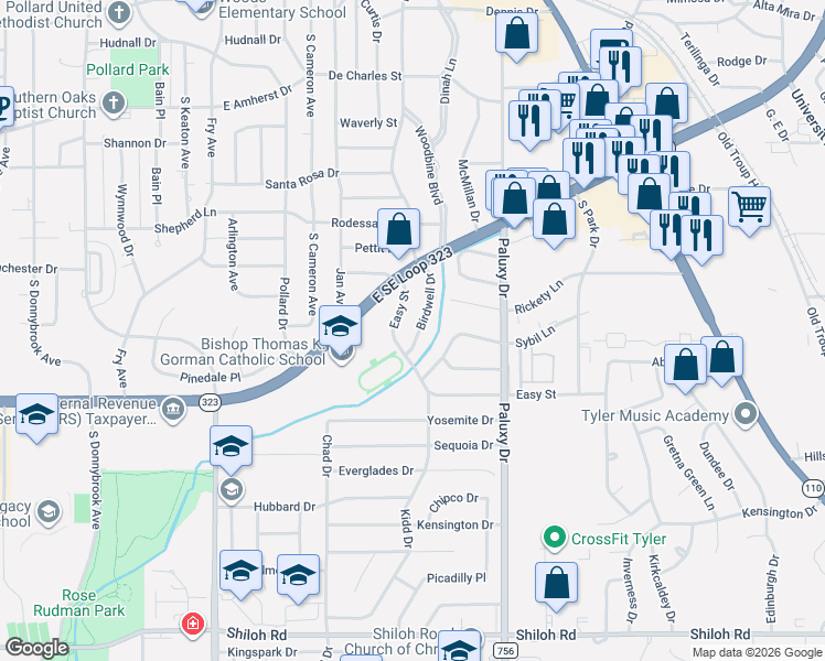 map of restaurants, bars, coffee shops, grocery stores, and more near 4120-4198 Easy Street in Tyler