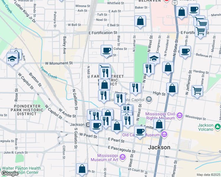 map of restaurants, bars, coffee shops, grocery stores, and more near 515 Bloom Street in Jackson