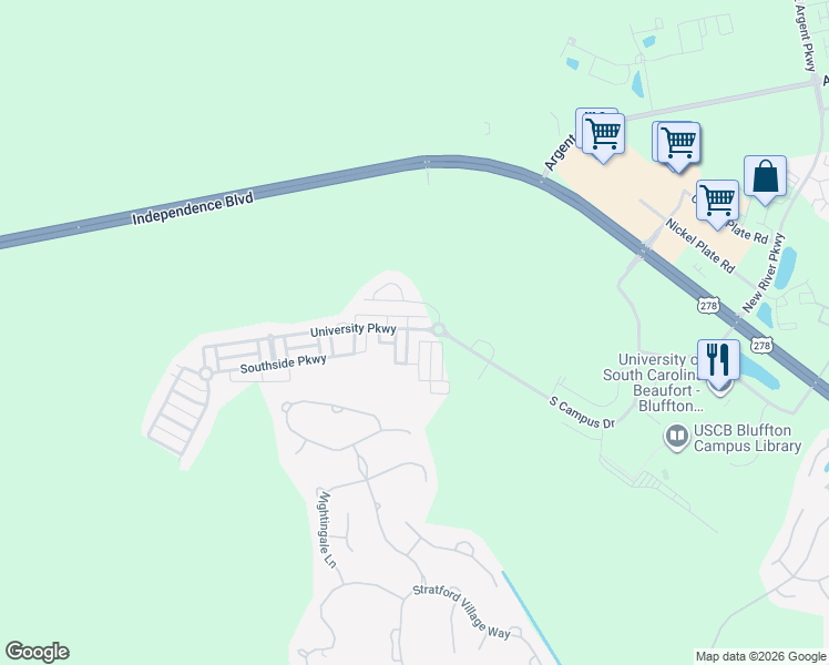 map of restaurants, bars, coffee shops, grocery stores, and more near 102 University Parkway in Bluffton