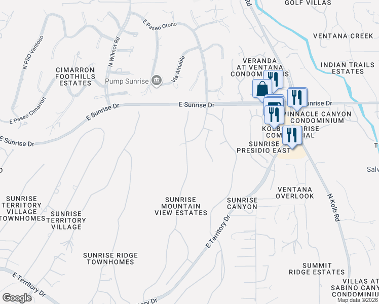 map of restaurants, bars, coffee shops, grocery stores, and more near 5400 North Vía Velazquez in Tucson