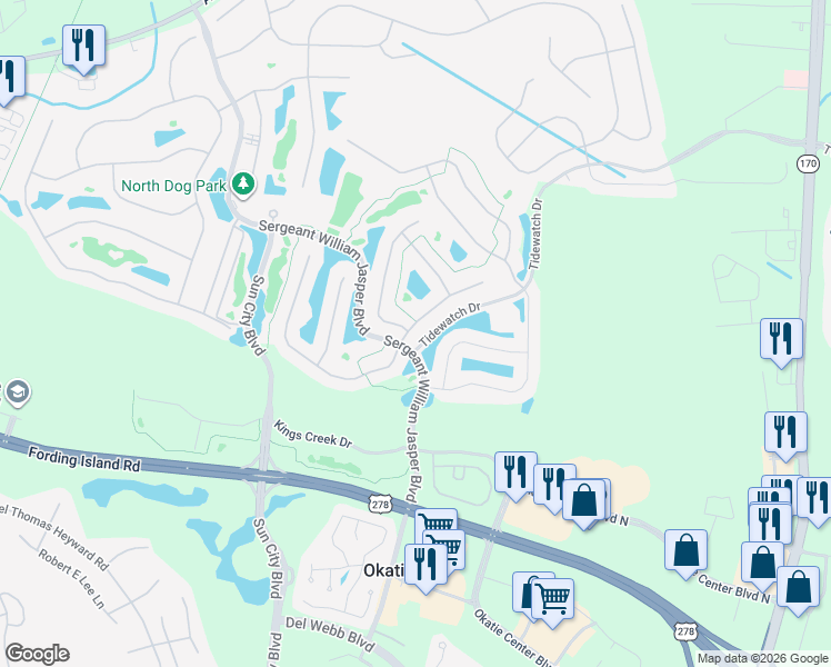 map of restaurants, bars, coffee shops, grocery stores, and more near 92 Bluff Point Lane in Bluffton