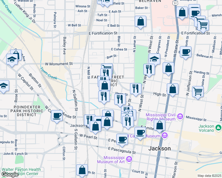 map of restaurants, bars, coffee shops, grocery stores, and more near 515 Bloom Street in Jackson