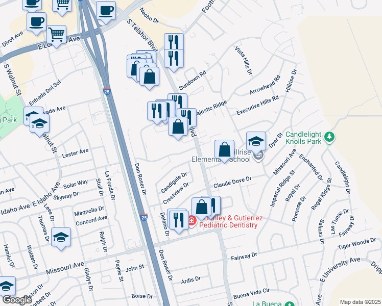 map of restaurants, bars, coffee shops, grocery stores, and more near 2802 East Idaho Avenue in Las Cruces