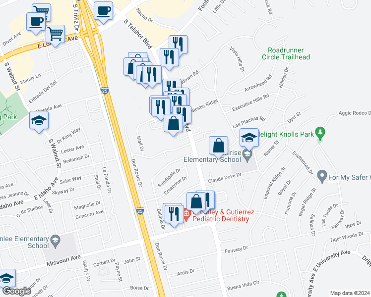 map of restaurants, bars, coffee shops, grocery stores, and more near 1200 South Telshor Boulevard in Las Cruces