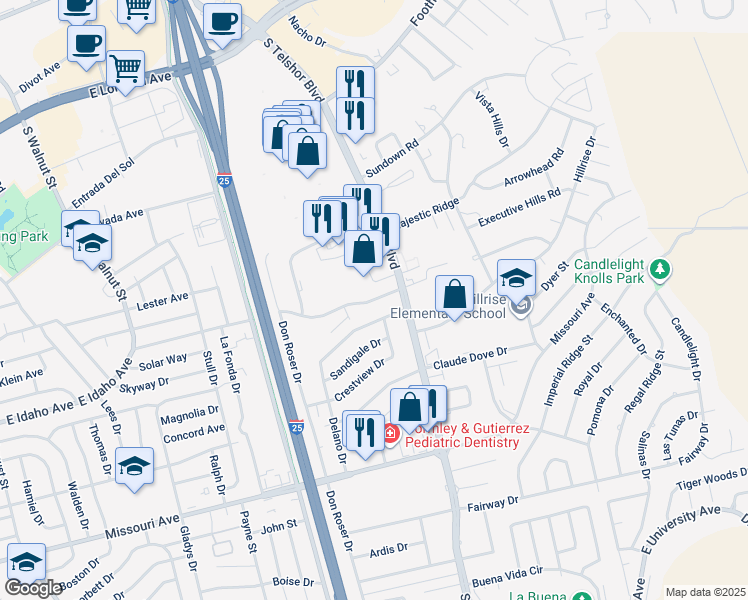 map of restaurants, bars, coffee shops, grocery stores, and more near 2702 East Idaho Avenue in Las Cruces