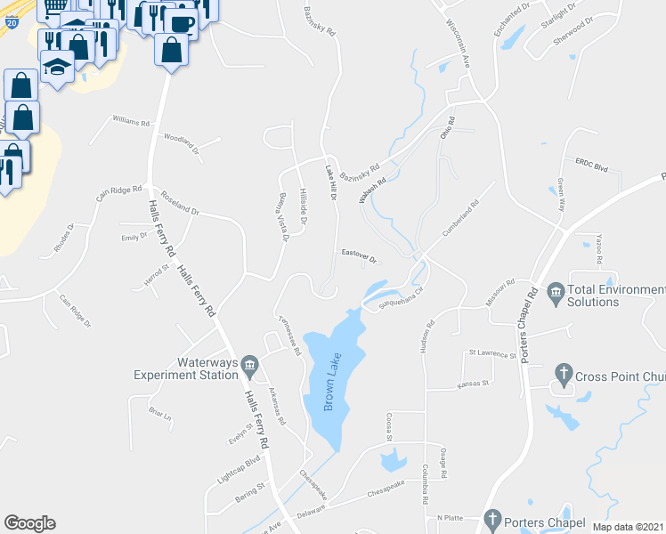 map of restaurants, bars, coffee shops, grocery stores, and more near 2 Lake Hill Drive in Vicksburg