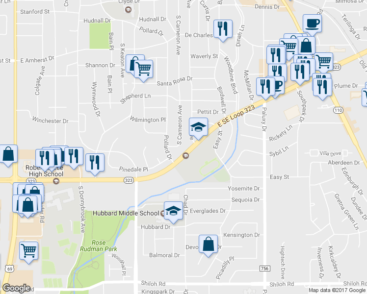 map of restaurants, bars, coffee shops, grocery stores, and more near 3820 South Cameron Avenue in Tyler