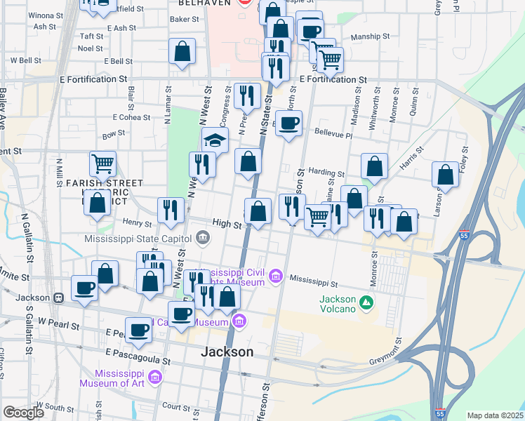 map of restaurants, bars, coffee shops, grocery stores, and more near 628 North State Street in Jackson
