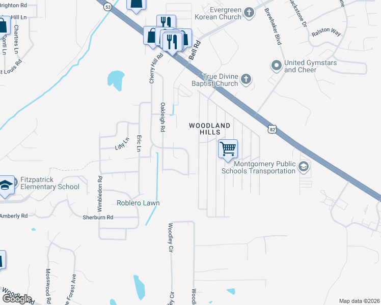 map of restaurants, bars, coffee shops, grocery stores, and more near 6129 Cherry Hill Road in Montgomery