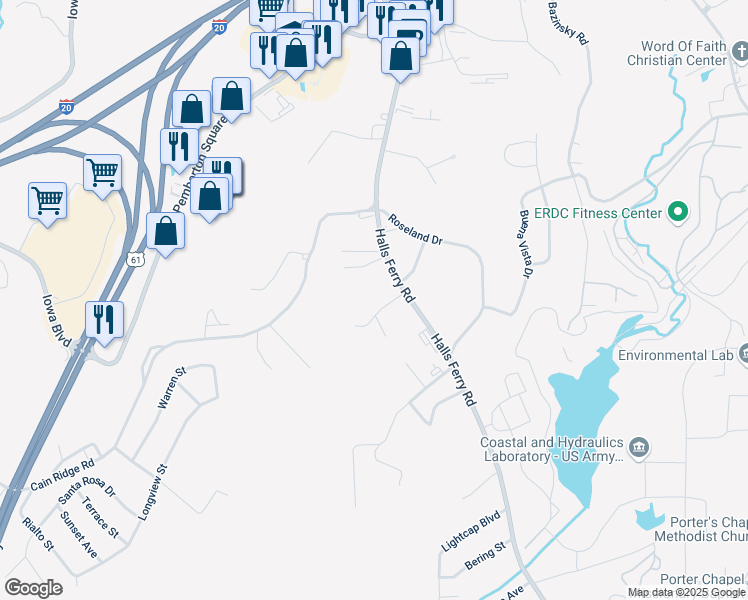 map of restaurants, bars, coffee shops, grocery stores, and more near 107 Herrod Street in Vicksburg