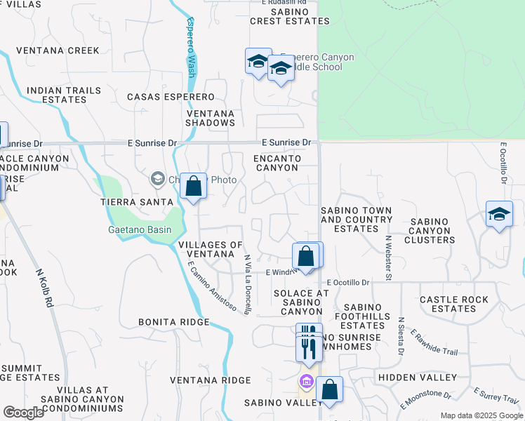 map of restaurants, bars, coffee shops, grocery stores, and more near 7728 East Vía Ventana Norte in Tucson