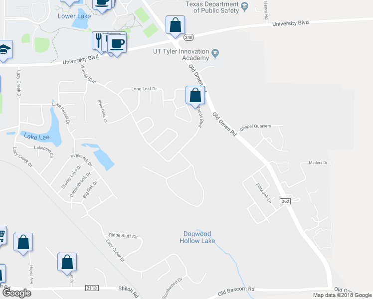map of restaurants, bars, coffee shops, grocery stores, and more near 3721 Woods Blvd in Tyler