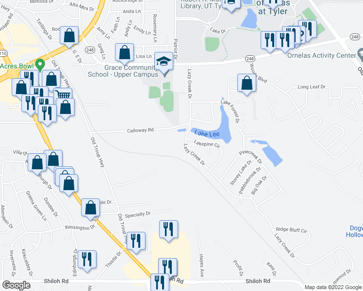 map of restaurants, bars, coffee shops, grocery stores, and more near 3837 Lazy Creek Drive in Tyler