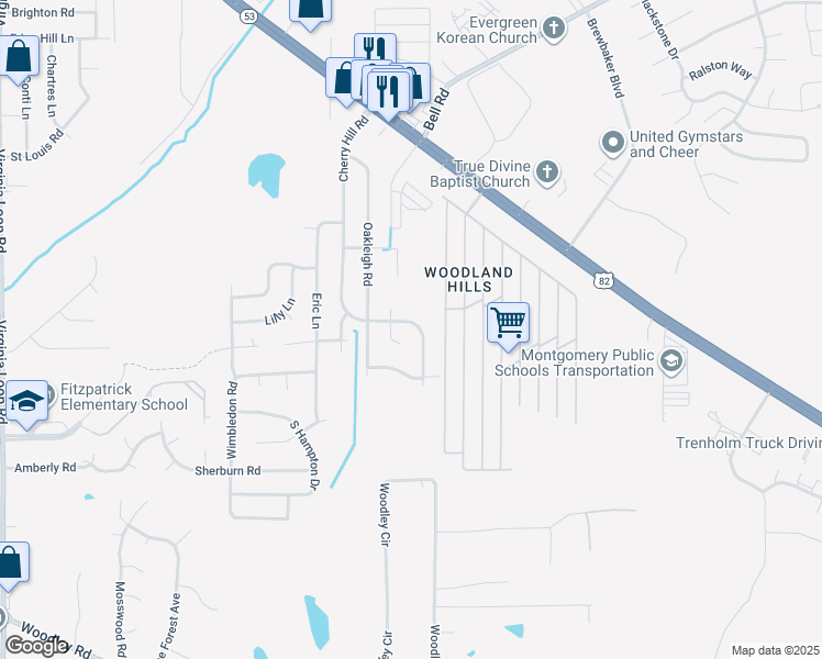 map of restaurants, bars, coffee shops, grocery stores, and more near 6116 Cherry Hill Road in Montgomery