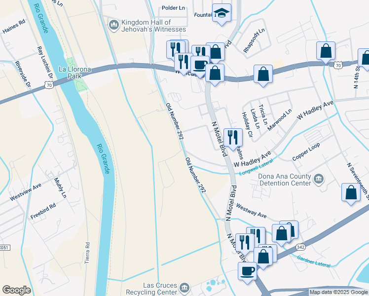 map of restaurants, bars, coffee shops, grocery stores, and more near Roadrunner Lane in Las Cruces