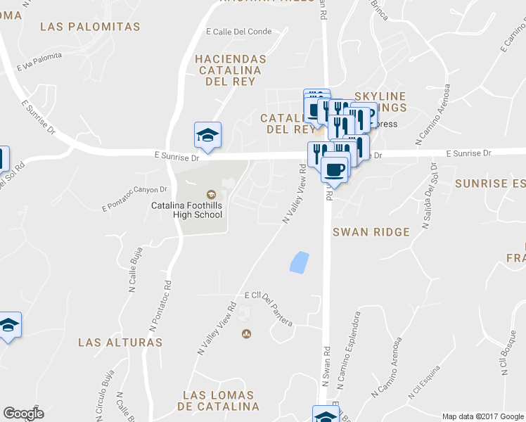 map of restaurants, bars, coffee shops, grocery stores, and more near 5444 North La Casita Drive in Tucson