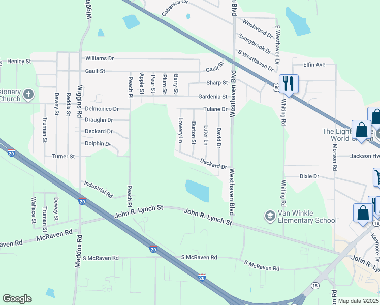map of restaurants, bars, coffee shops, grocery stores, and more near 1555 Burton Street in Jackson