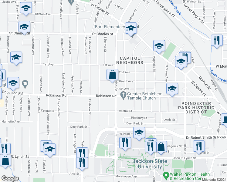 map of restaurants, bars, coffee shops, grocery stores, and more near 605 S Prentiss St in Jackson