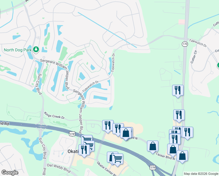 map of restaurants, bars, coffee shops, grocery stores, and more near 204 Mystic Point Drive in Bluffton