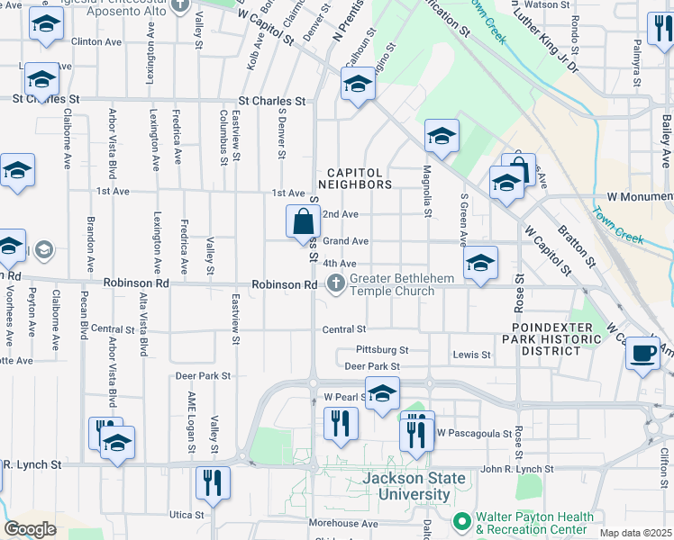 map of restaurants, bars, coffee shops, grocery stores, and more near 1605 4th Avenue in Jackson
