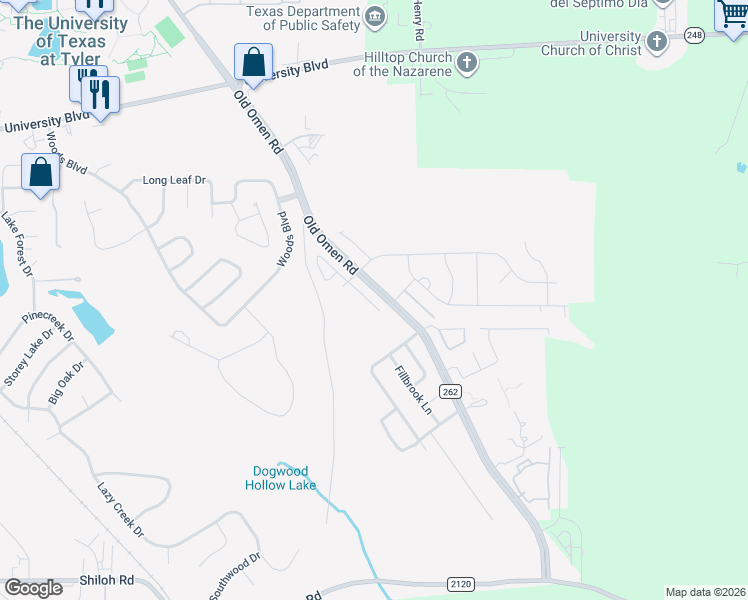 map of restaurants, bars, coffee shops, grocery stores, and more near 3905 Old Omen Road in Tyler
