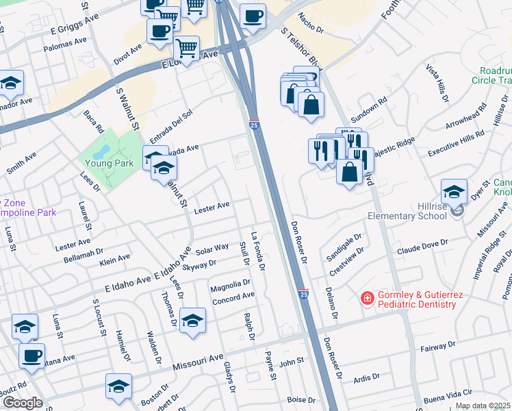 map of restaurants, bars, coffee shops, grocery stores, and more near 1131 La Fonda Drive in Las Cruces