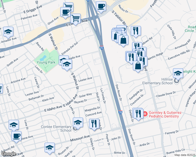 map of restaurants, bars, coffee shops, grocery stores, and more near 1131 La Fonda Drive in Las Cruces
