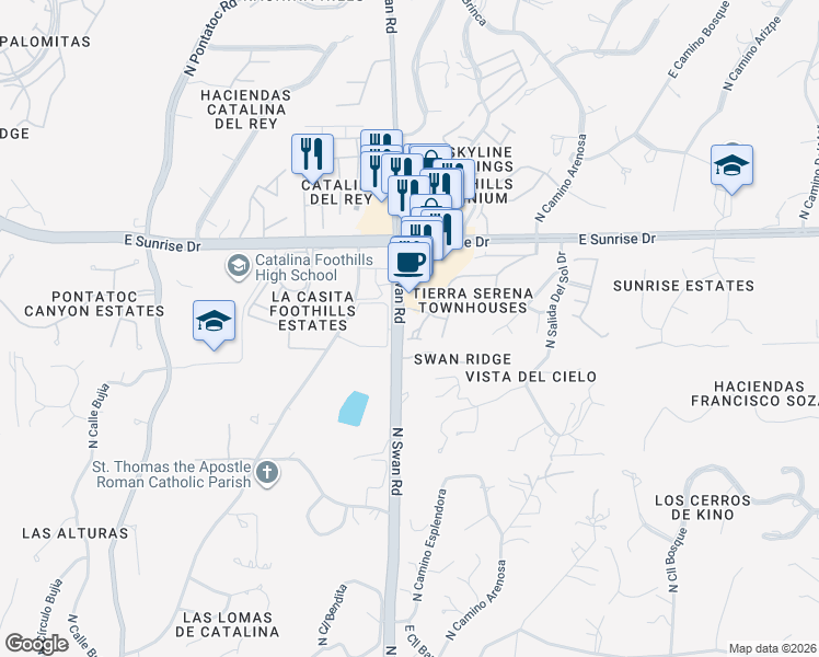 map of restaurants, bars, coffee shops, grocery stores, and more near 5435 North Arroyo Grande Circle in Tucson
