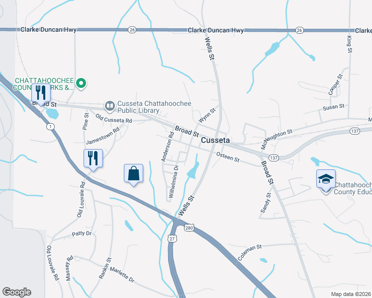 map of restaurants, bars, coffee shops, grocery stores, and more near Baker Circle in Cusseta