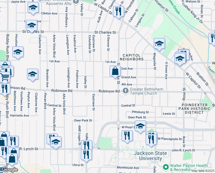 map of restaurants, bars, coffee shops, grocery stores, and more near 634 Buena Vista Avenue in Jackson